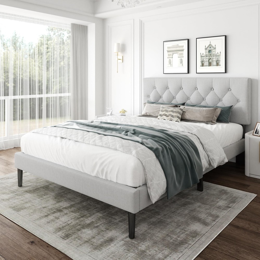 Full Size Platform Bed Frame with Upholstered Headboard, Button Tufted Design...