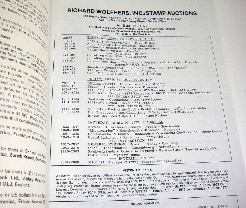 Wolffers Stamp Auction Catalog 1977 w Prices Realized Hawaii Missionaries Israel