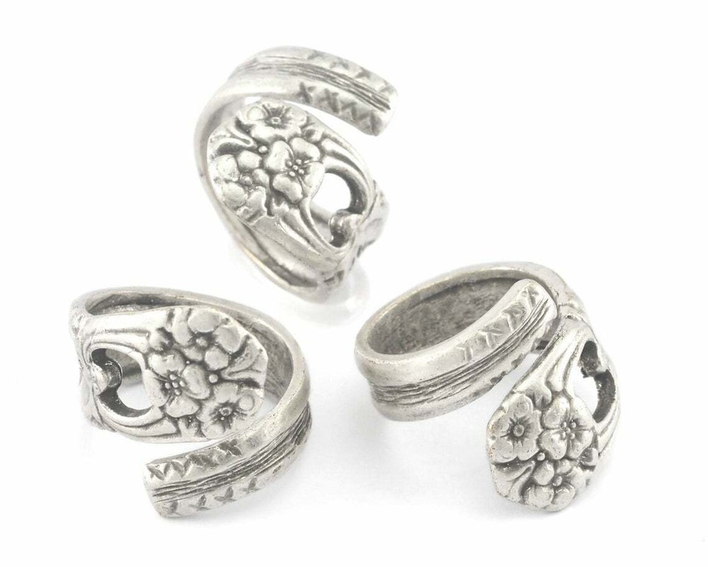 Spoon Ring Flower Patterned Adjustable Ring Antique silver Brass 18mm 8US 4050