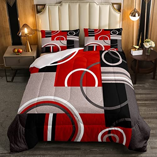 Modern Red Grey Black Stripes Comforter Set Geometric Down Queen Multi 270