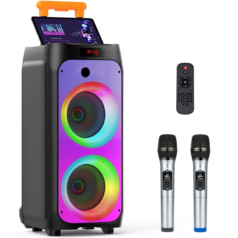 KARAOKE MACHINE 2 Microphone Wheels Trolley Bar Subwoofer Bluetooth Speaker