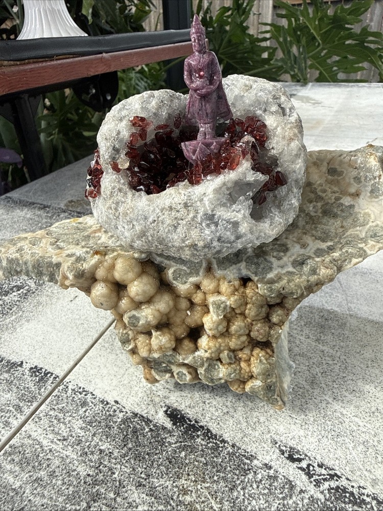 Carved Ruby Buhda On Ocean Jasper Faced Rough, Incredible Orbs Red Crystals 6”