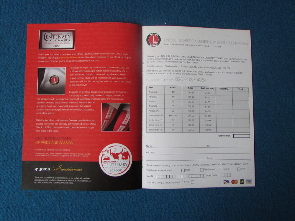 CHARLTON ATHLETIC Centenary Shirt Order Form 2005