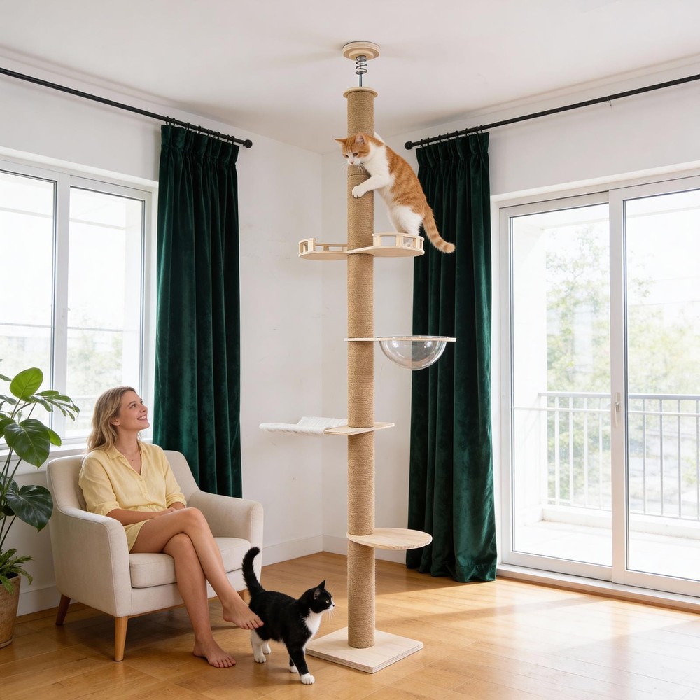 Adjustable 102-104" Ceiling Cat Tree Large Cats Condo w/ Scratching Post&Hammock
