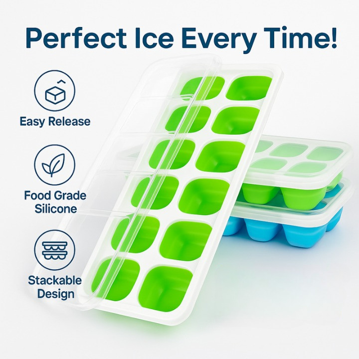 Ice Cube Trays Silicone 2 Pack & Lid Easy Release Stackable BPA Free Durable