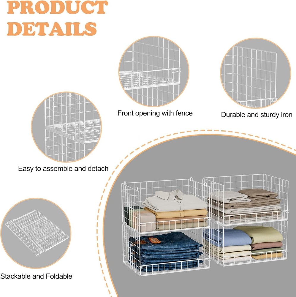 4-Tier Stackable Closet Organizer Storage Basket Foldable Closet Shelf