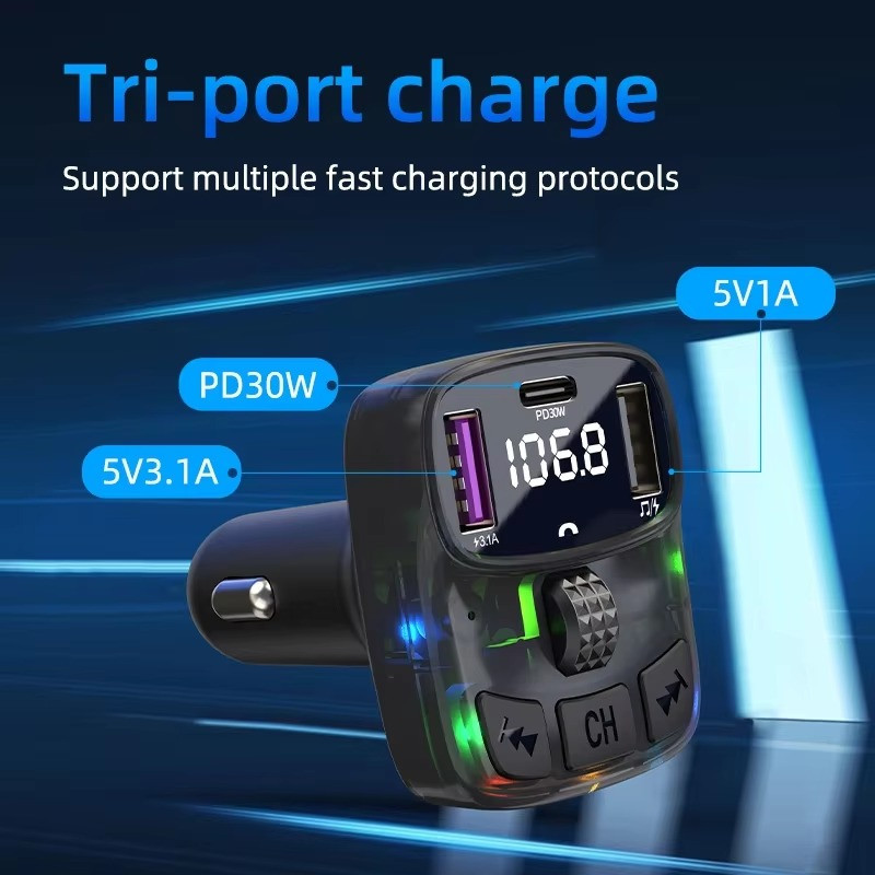 Car Charge Bluetooth 5.3 FM Transmitter Handsfree Car Radio Modulator MP3 Player