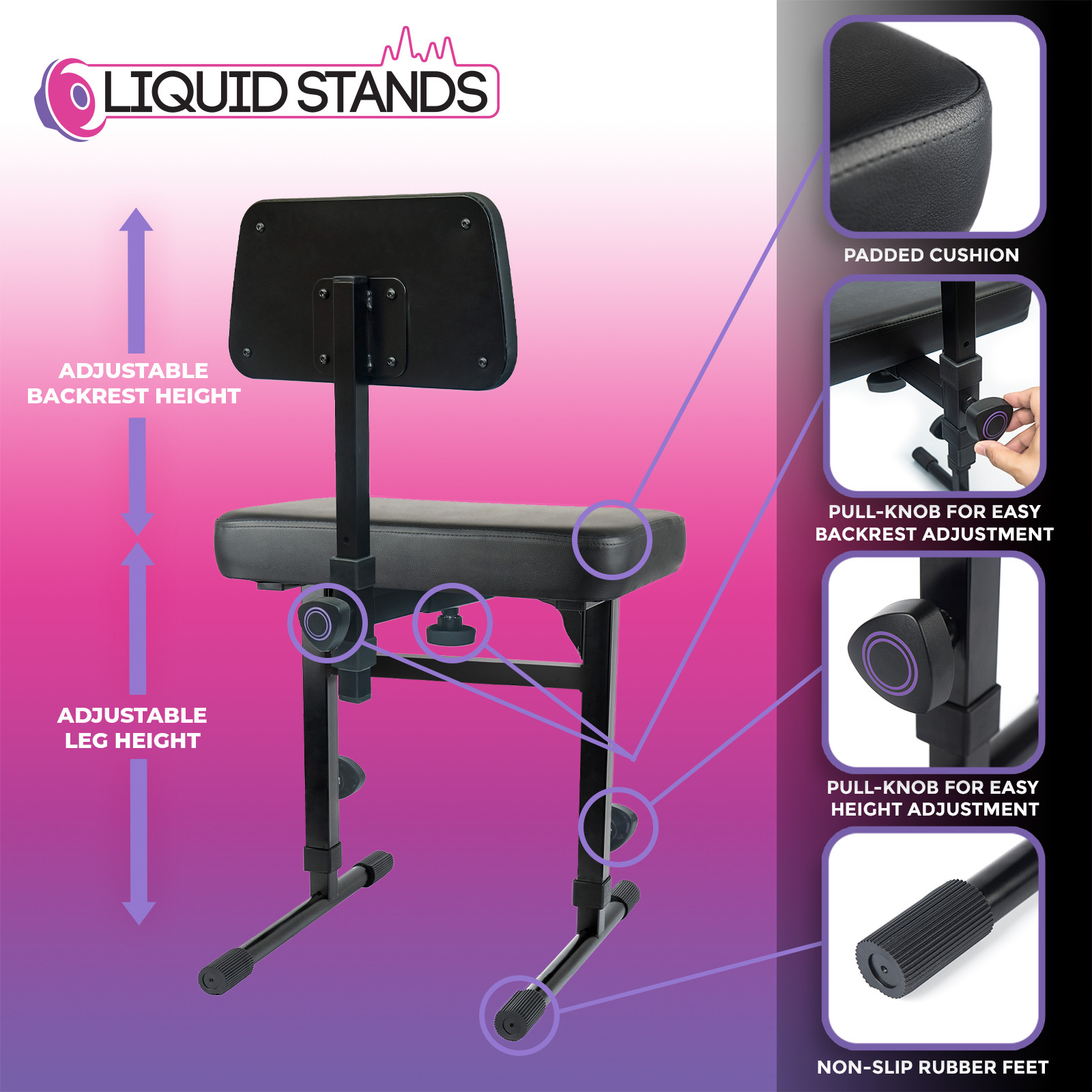 Open-Box Liquid Stands Adjustable Piano Bench w/ Black PU Leather Cushion & Bac
