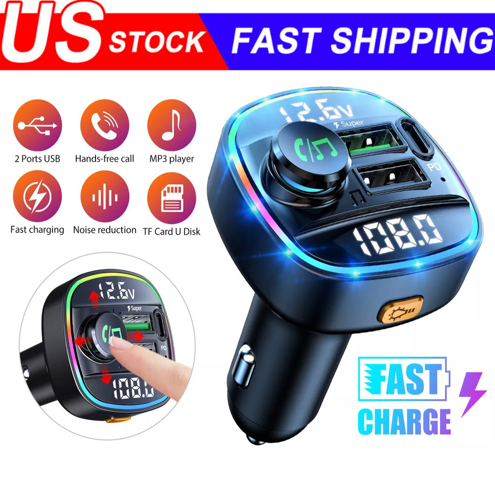 Bluetooth 5.0 Car Wireless FM Transmitter Adapter USB PD Charger AUX Hands LOT