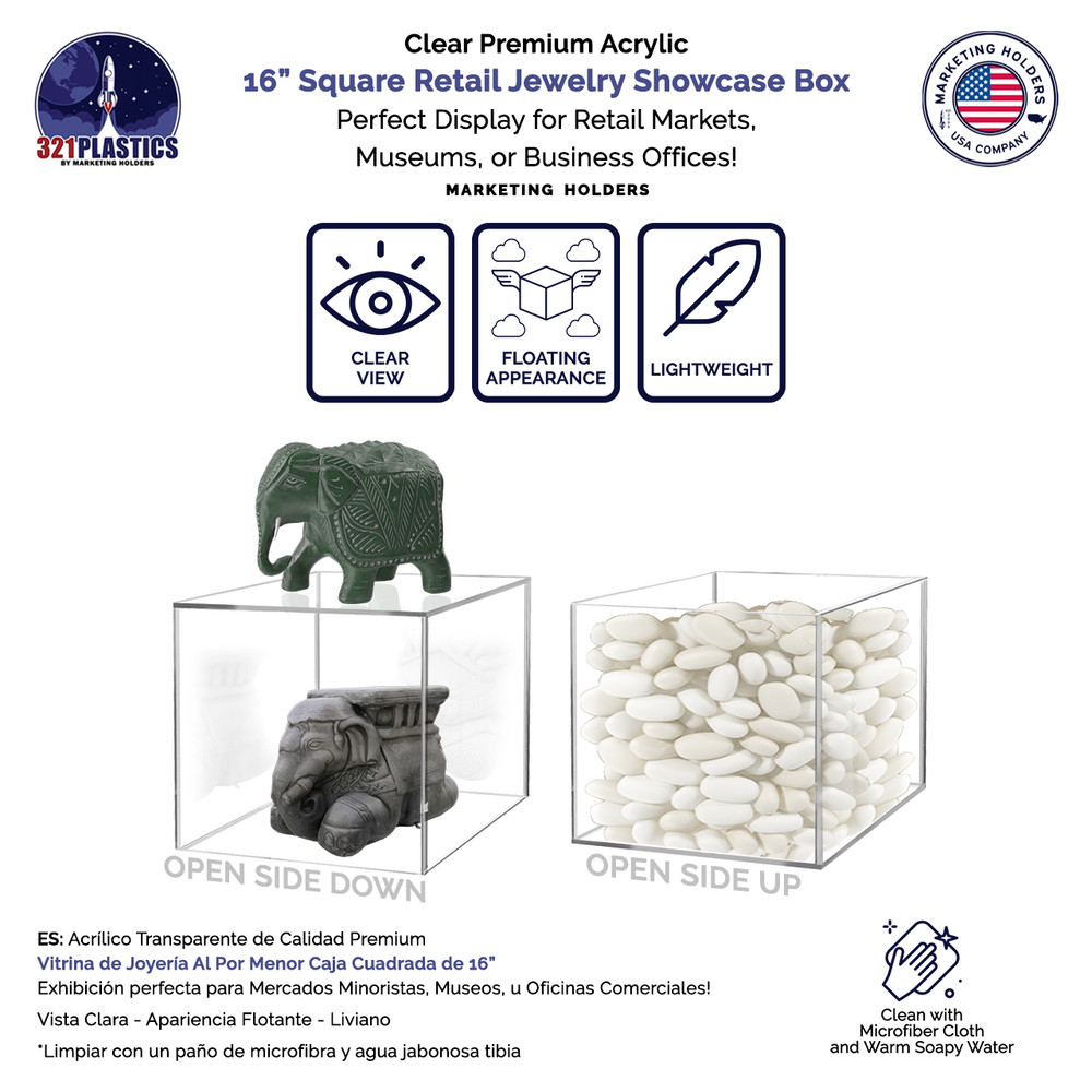2 Pack 16" Riser Display Box No Lid Clear Acrylic Box with Open Side