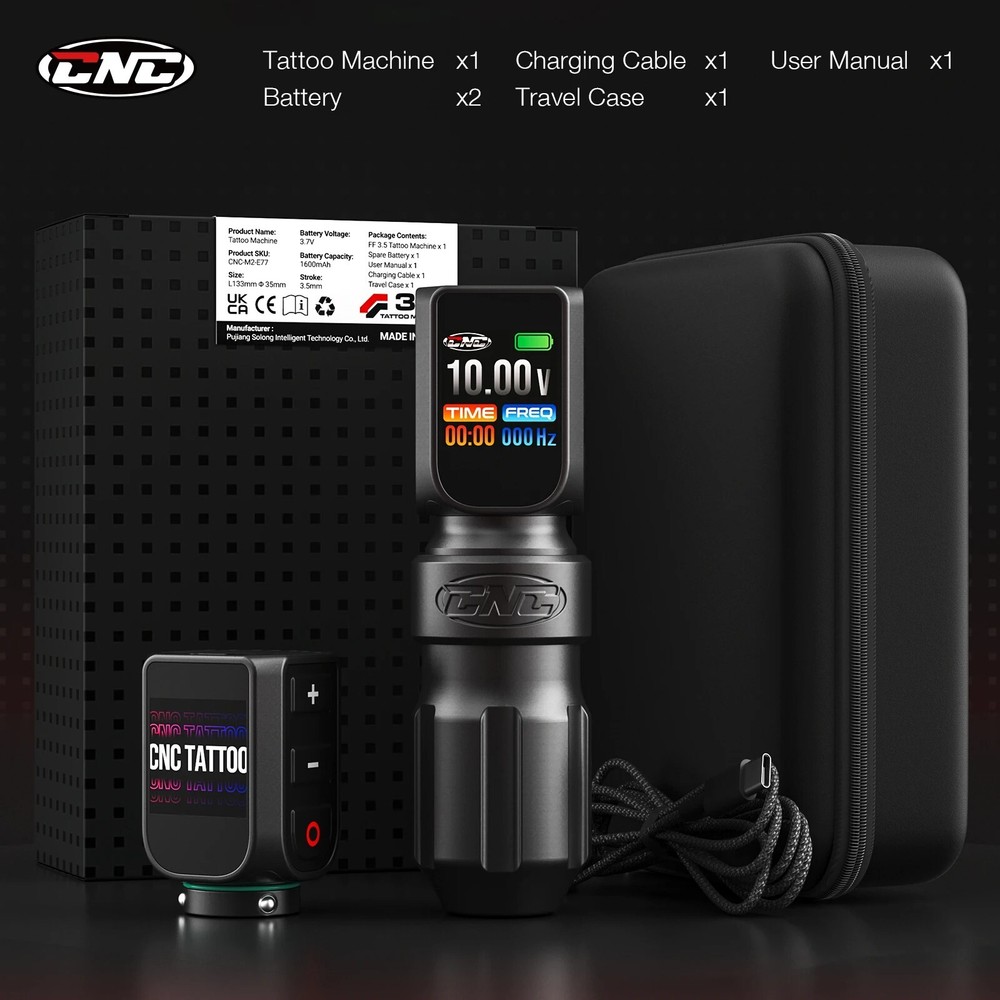 CNC E77 Wireless Tattoo Machine Adjustable Stroke LED Screen 2 Batteries CASE