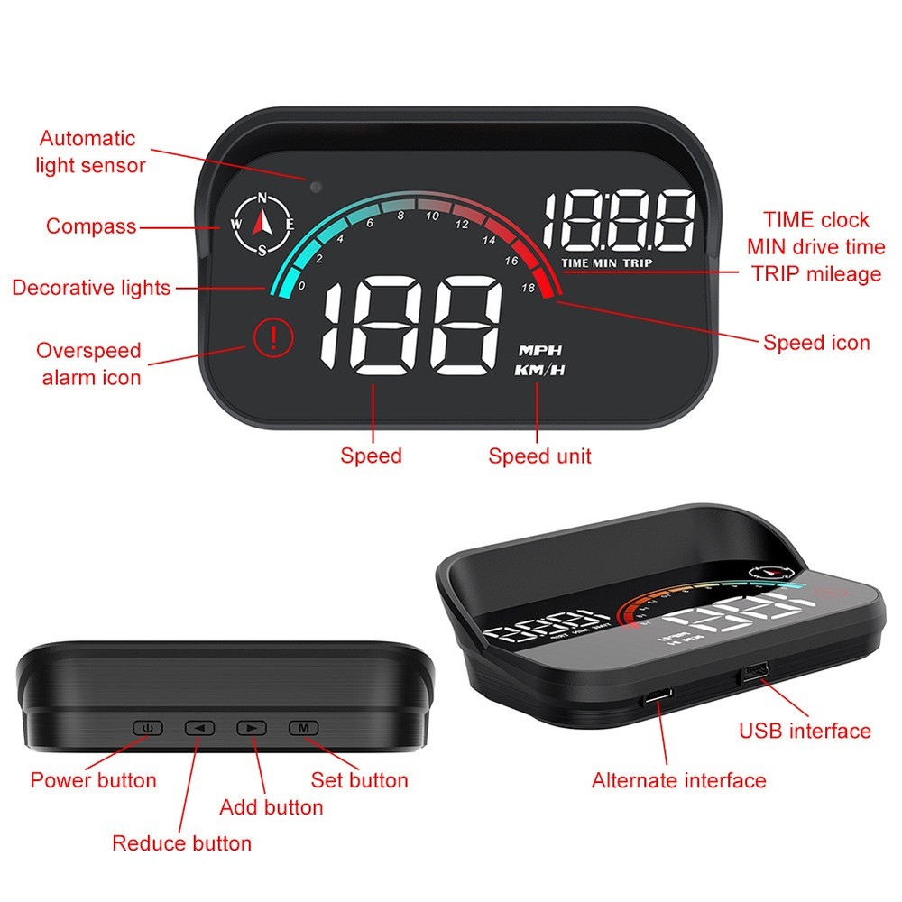 Speedometer HUD, Onboard Computer Head Up Display Gadgets Smart Time Compass