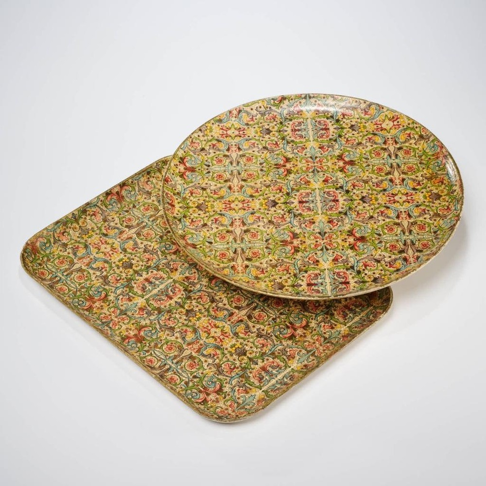 1950s Composite Multicolored Beverage Serving Trays Chintz Pattern 13"d 14"l