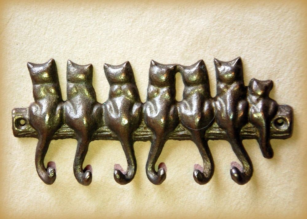 Brass KEY RACK ~ 6 Hook KITTY CAT Design ~ Vintage