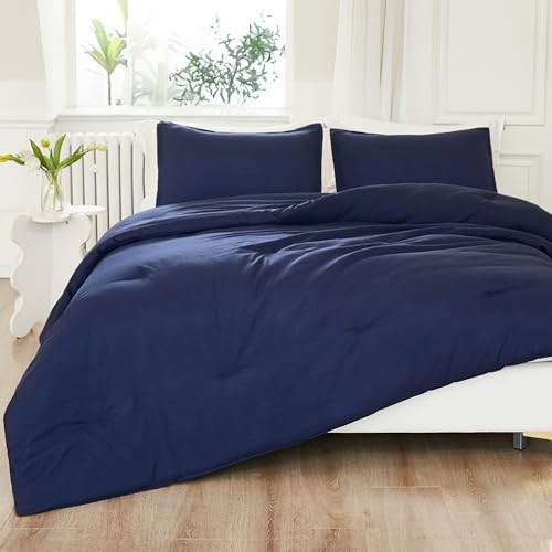 Comforter Full Size Set, 3 Pieces Lightweight Solid Full (79"x90") Navy Blue