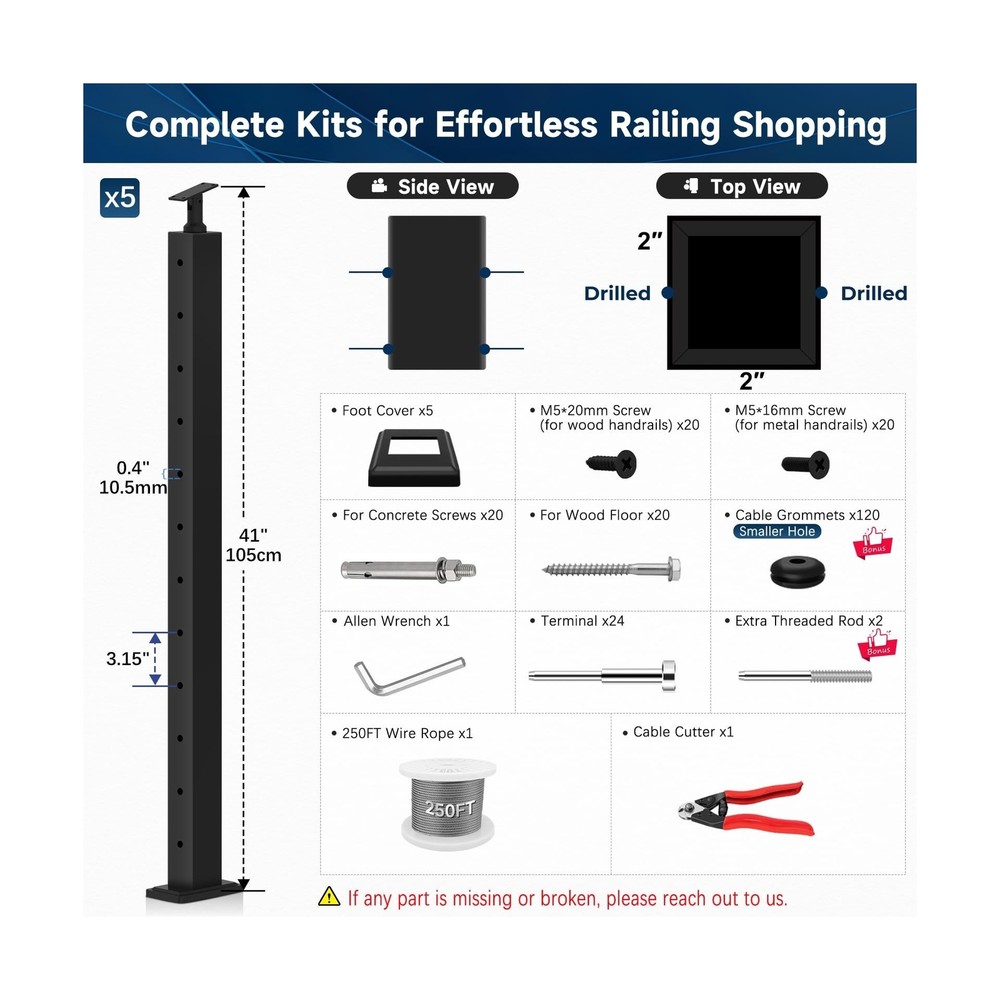 5Pack One-Stop Cable Railing Post Kits, 42" Adjustable Top Level Drilled Line...