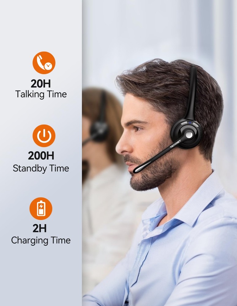 TECKNET Bluetooth Wireless Headset w/ Noise Cancelling Mic for Trucker Office PC