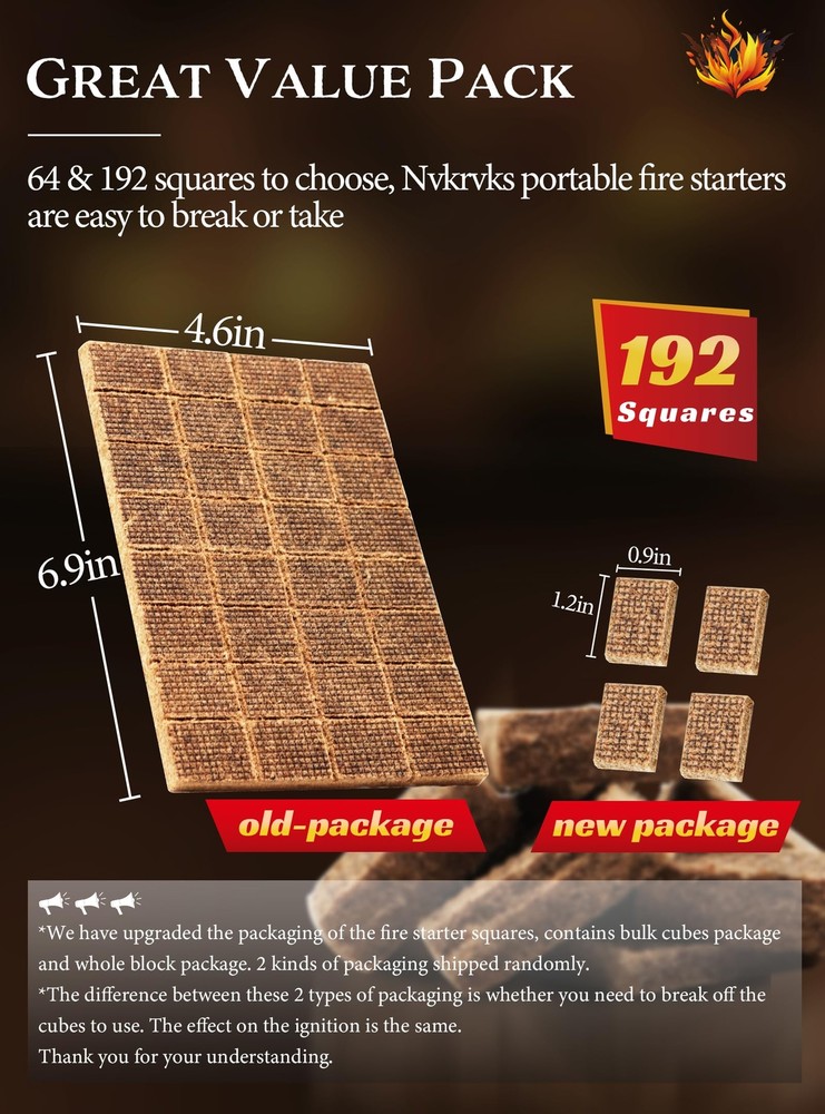 Fire Starter Squares 192, Natural & Odourless FireStarters Cubes 192 Squares