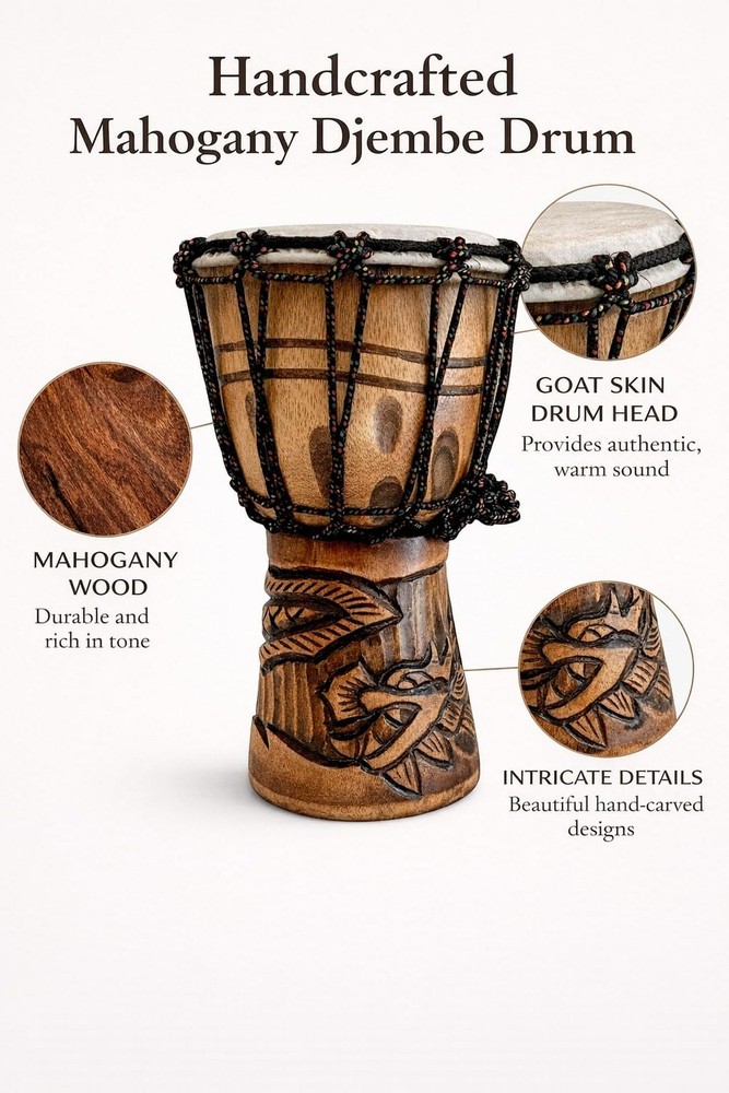 Djembe Drum Solid Wood Deep Carved Bongo Congo African Drum - 12" HIGH MED SI...