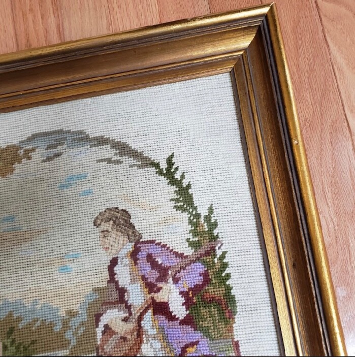 Vintage Colonial Framed Needlepoint Home Decor Wall Hanging