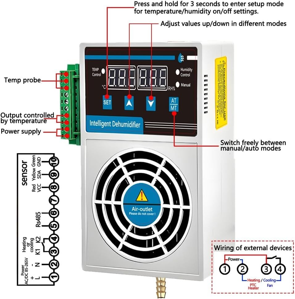 Grow Tent Dehumidifier, Smart Temp and Humidity Controller with External Heating