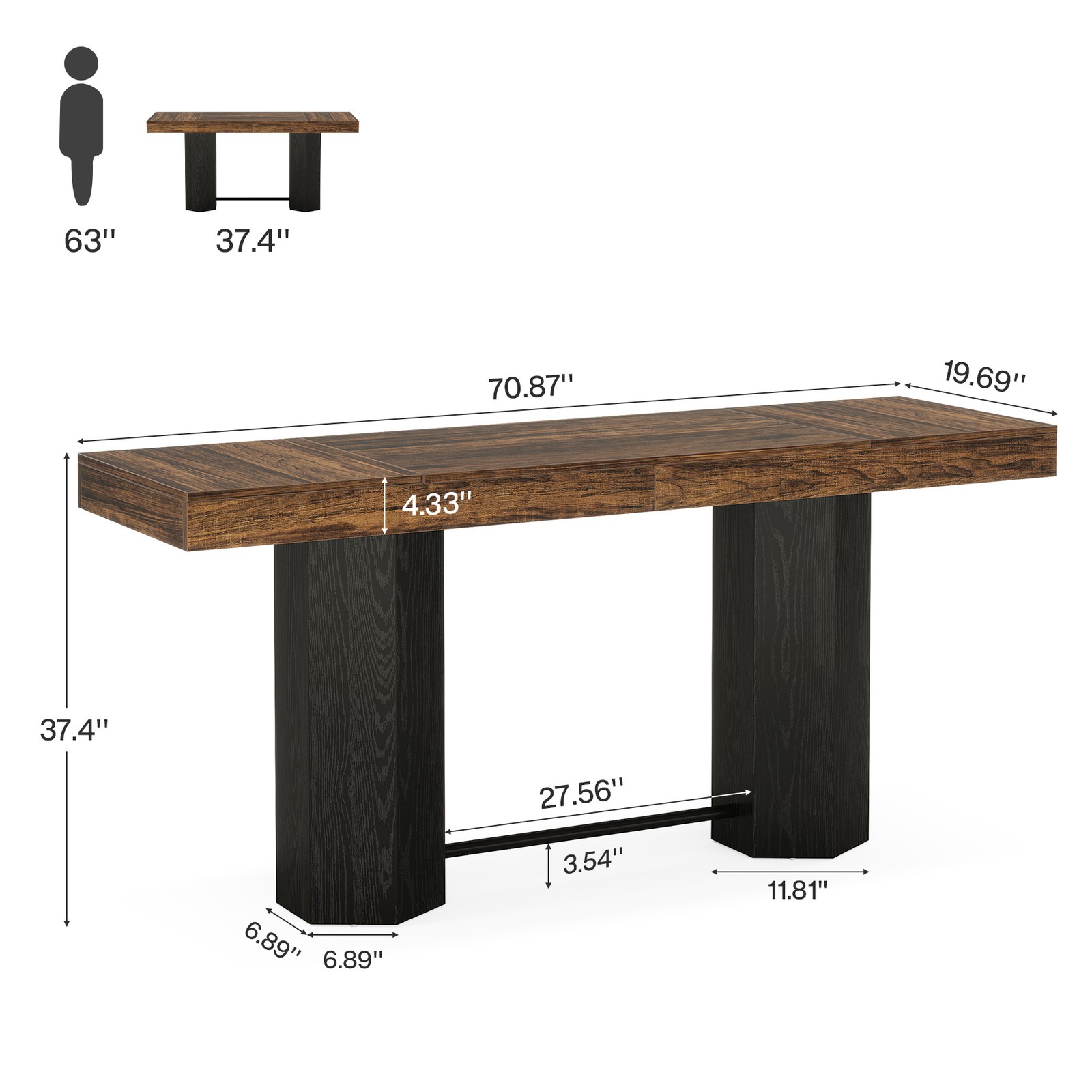 70.9" Extra Long Bar Table, Industrial Counter Height Table with Metal Footrest