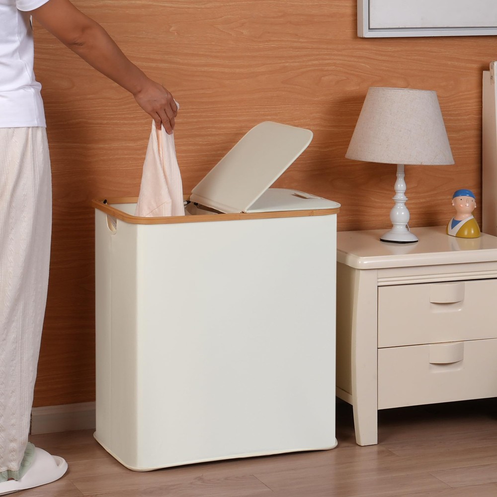 Laundry Hamper with Lid, Double Laundry Hamper with 2 Removable Bags, 2 Secti...