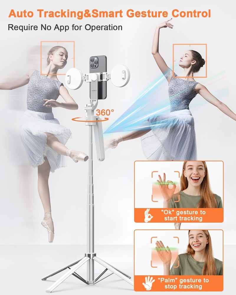 71” Auto Face Tracking Tripod for iPhone with Light,360° Rotating Phone White