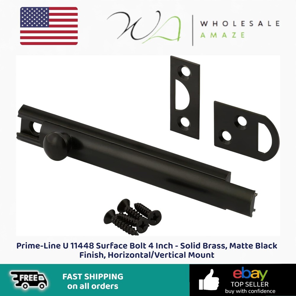 Prime-Line U 11448 Surface Bolt 4 Inch - Solid Brass, Matte Black Finish