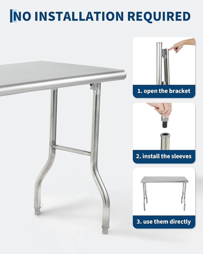 Multi-Purpose Stainless Steel Work Table 48x24in,Foldable, Extra Storage Surface