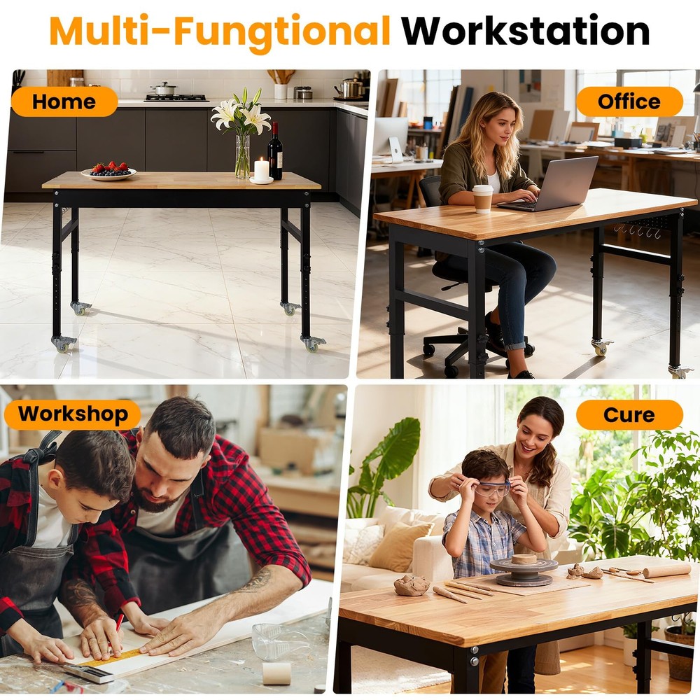 48" Adjustable Workbench w/ Wheels & Pegboard, Work Table for Garage, Workshop