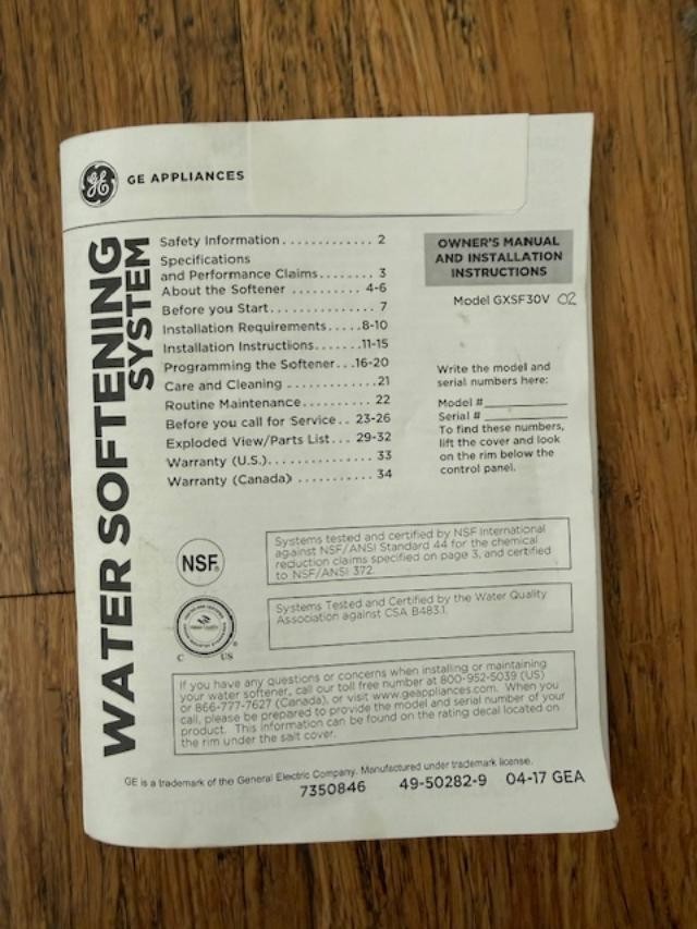 GE Watersoftner GXSF30V02 water system