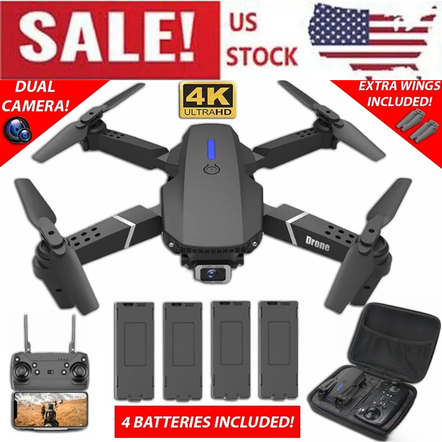 Drone 2025 4K HD Dual Camera WiFi FPV RC Foldable Quadcopter + 4 Batteries US