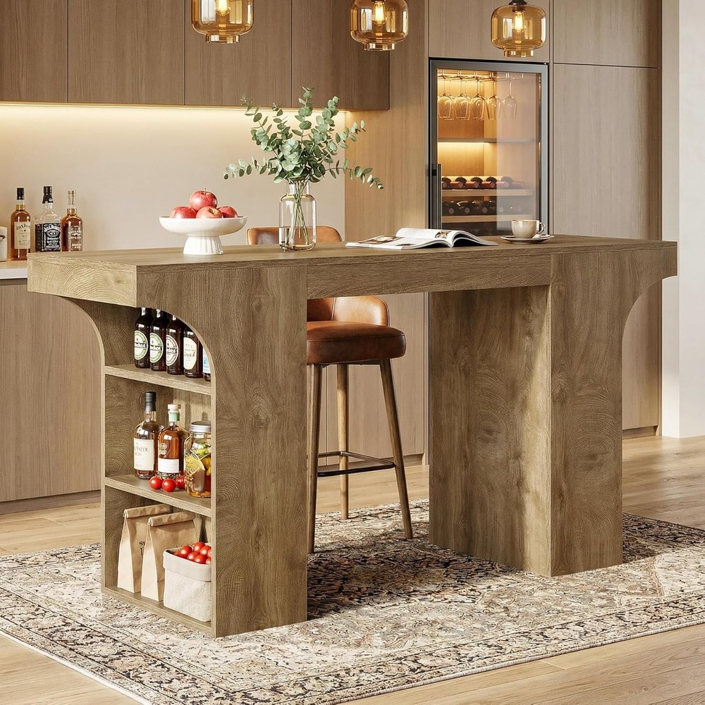 63'' Bar Table with Storage Shelves, 3-Tier Rectangular Counter Height Pub Table