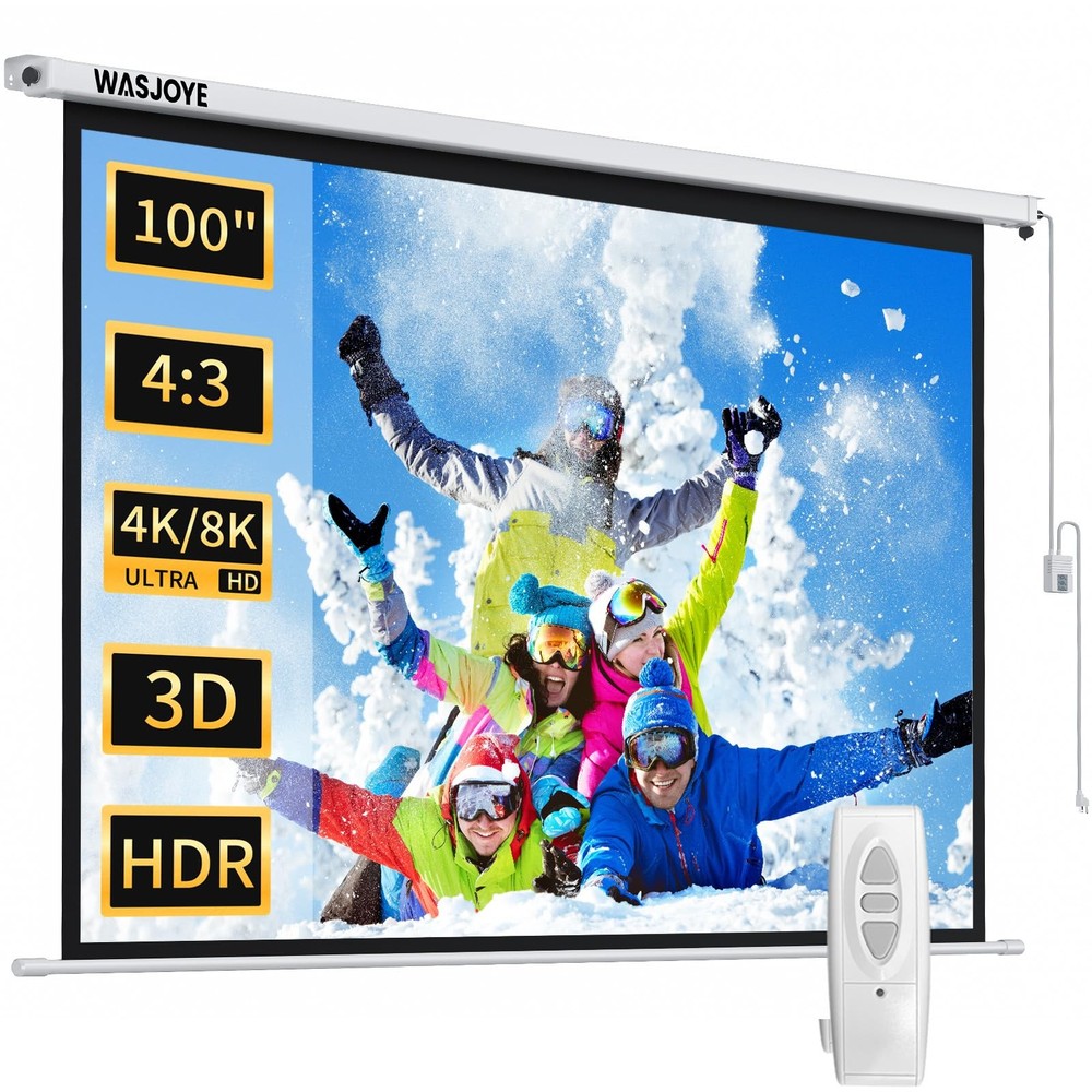 100 Inch Motorized Projector Screen with Remote Control - 4:3 Electric Drop D...