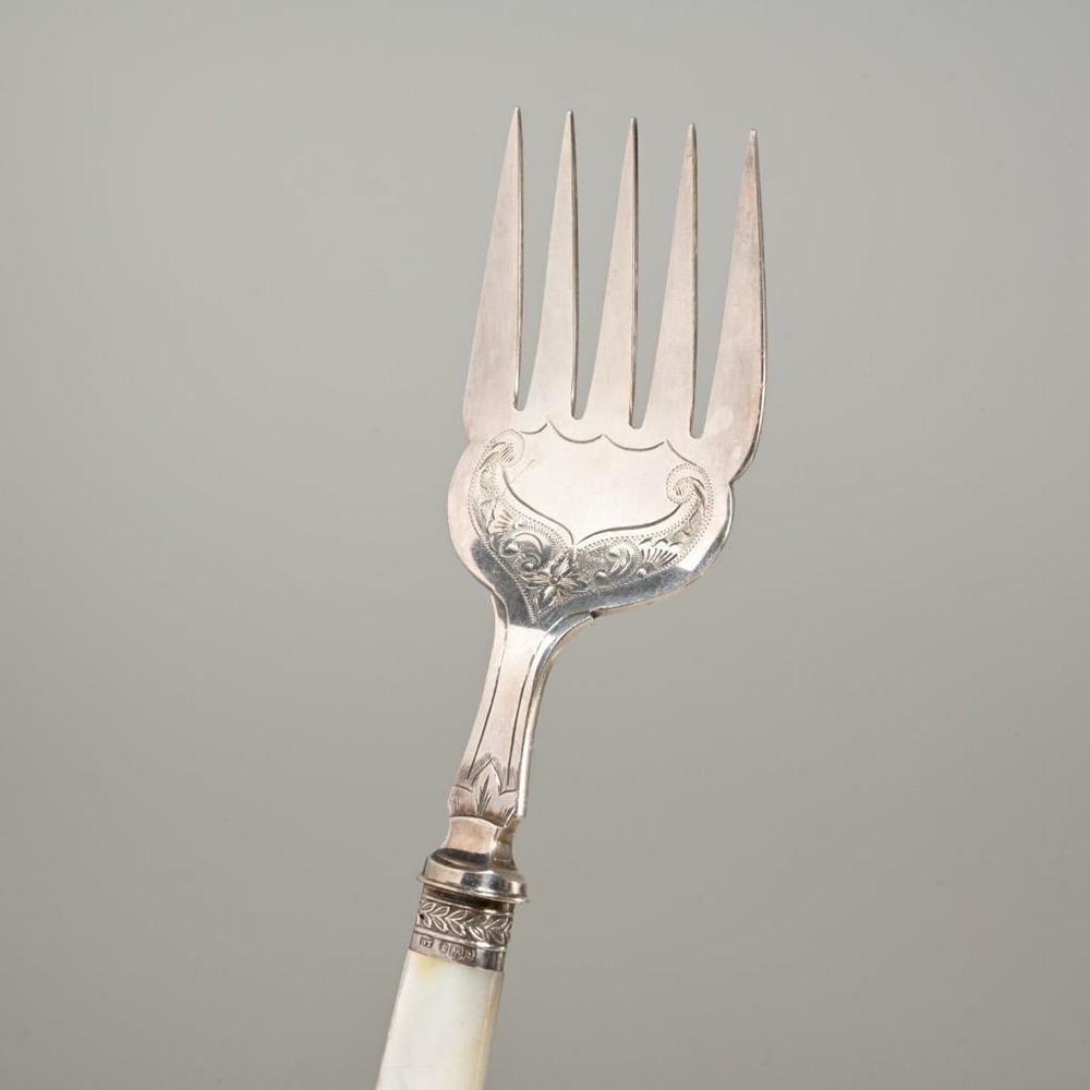 Sheffield Etched Fish Knife Fork Serving Set Mother Of Pearl Handles Antique