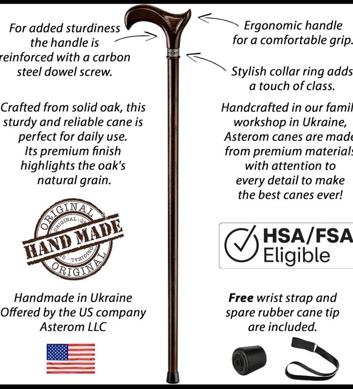 New 32 Inch Asteron Walking Cane- Ergonomic -Dark Walnut Finish/ Solid Oak Cane