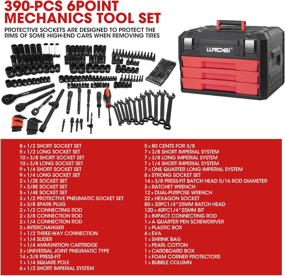 Mechanics Tool Set and Socket Set, 1/4" 3/8" 1/2" Drive Deep and Standard Socket
