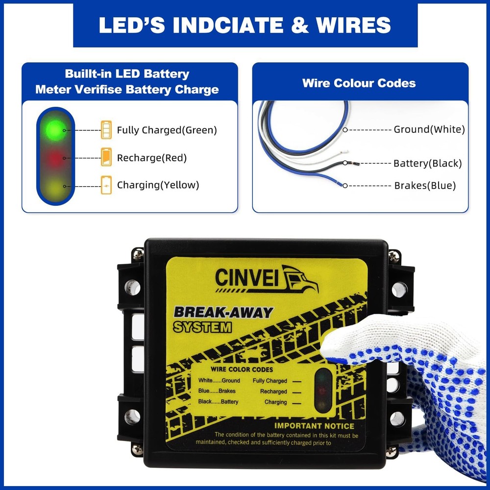 CINVEI Trailer Brakes Break-Away Kit Side Load Controller System with Switch LED