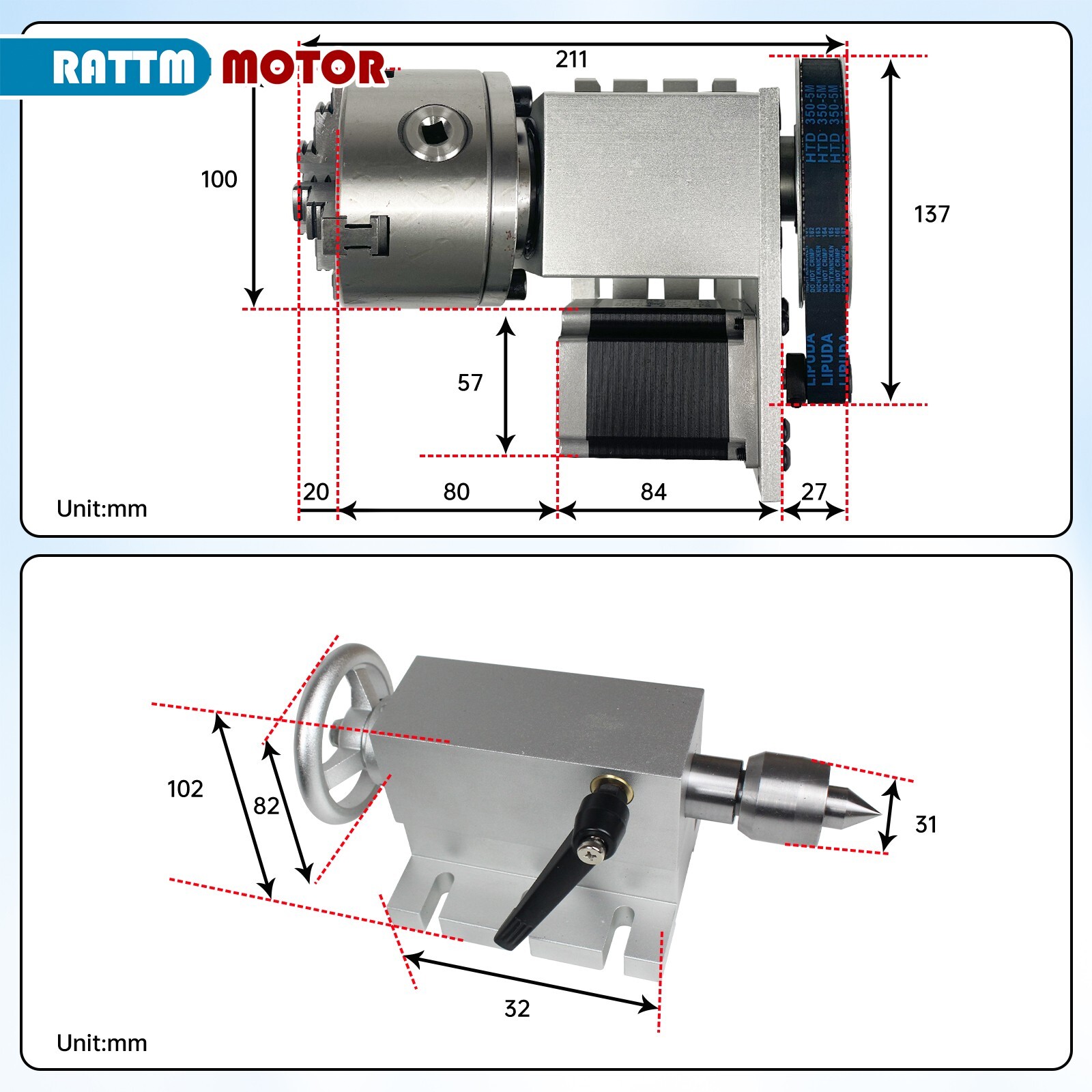 〖US〗CNC Rotation 4th Axis 100mm 4 Jaw Chuck Rotary Table with MT2 65mm Tailstock