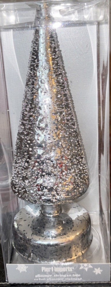 Pier 1 Imports 10 inch Lighted silver cone shaped tree- timer glimmer strings