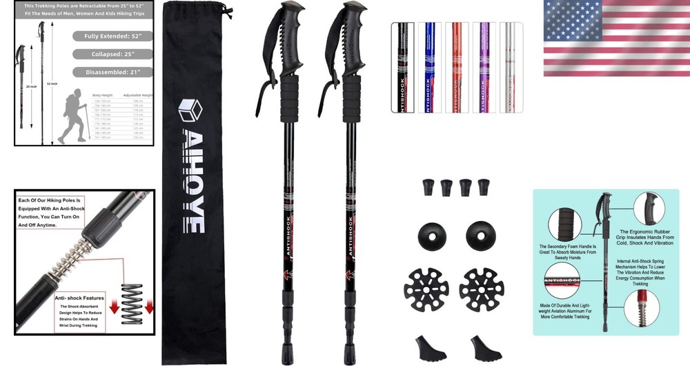 Ergonomic Hiking Poles with Anti-Shock Technology - Includes 10 Replacement Tips