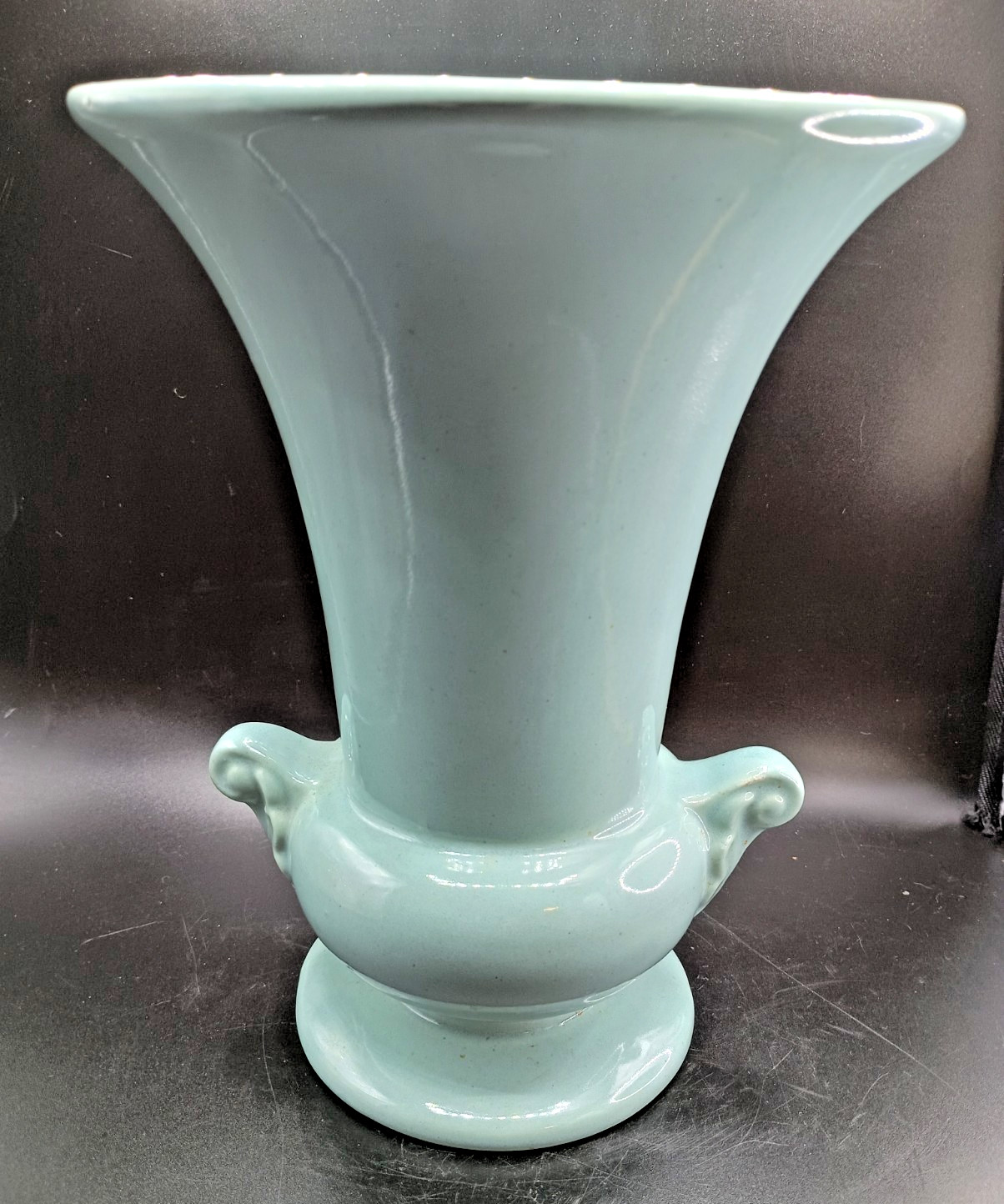 Vintage Pottery Vase Turquoise 9 1/4" H HAEGAR USA Scroll Handle Urn Footed Nice