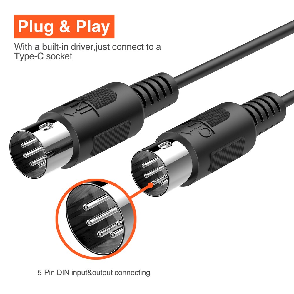 LEKATO 6.5Ft MIDI Cable MIDI to USB C Cable Type-C MIDI Input & Output Interface