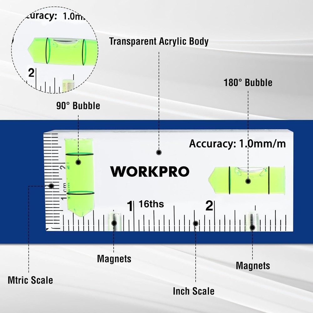 WORKPRO Small Level 3 Inch Mini Level Tool 2 Bubbles 90°/180° Hanging Tool USA