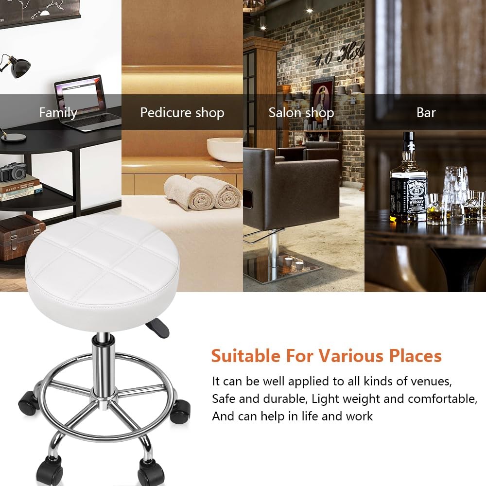 Round Rolling Stool Chair PU Leather Height Adjustable Swivel Drafting Work S...