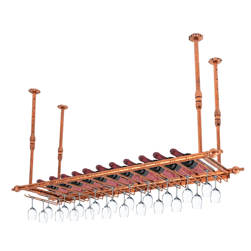 Rustic Wine Rack Wall Mounted with Cup Holder,Ceiling Mounted Adjustable Shelf