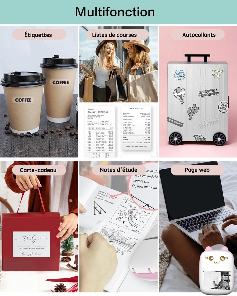 Mini Printer Portable, Inkless Sticker printer with 8 Rolls Paper, Bluetooth ...