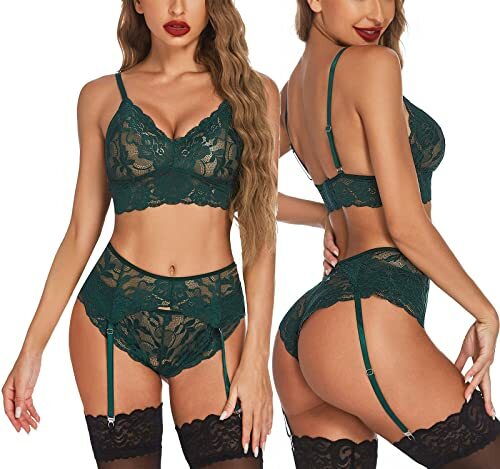 Women's Sexy Lingerie Set with Garter Belt Black Lace Bralette G-String Sets