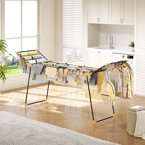 Clothes Drying Rack Foldable, Large Drying Rack Clothing Retractable, Yellow